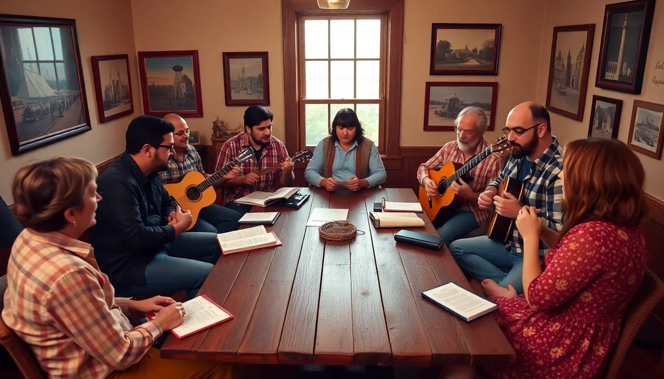 diverse musicians discussing 'Sweet Home Alabama' in a cozy setting.