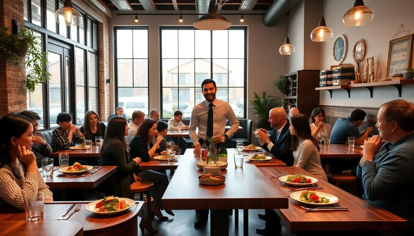 diverse diners enjoying meals in a cozy restaurant setting.