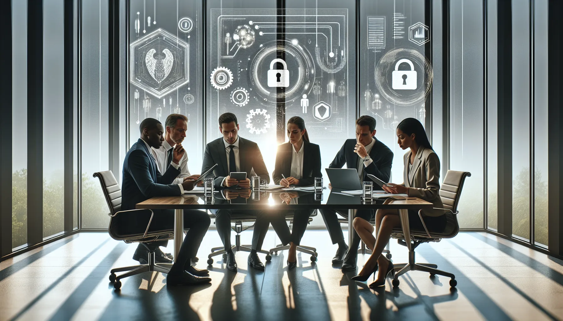 professionals discussing data privacy and technology advancements in a modern office.