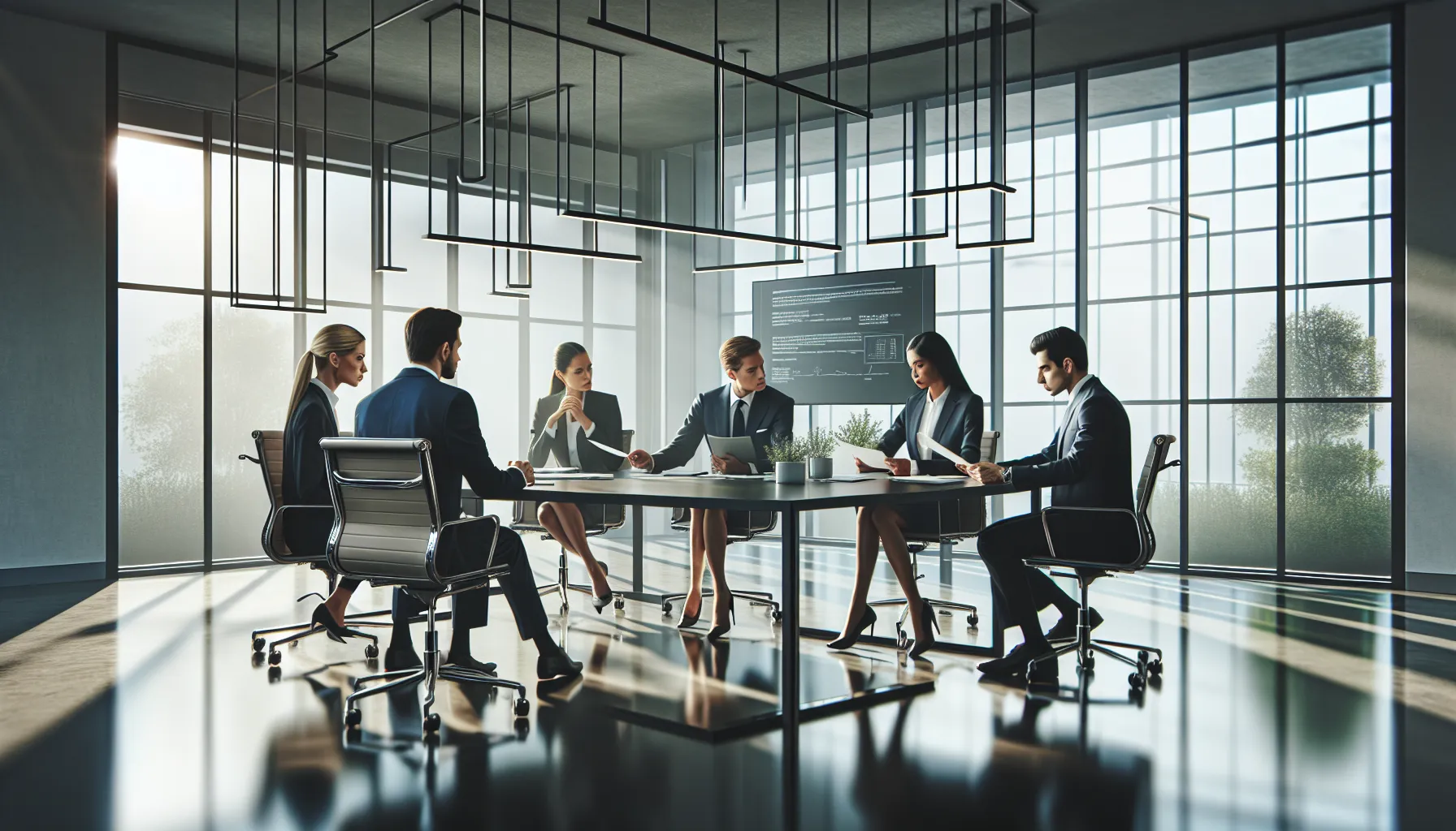 diverse professionals discussing legal implications in a modern office.