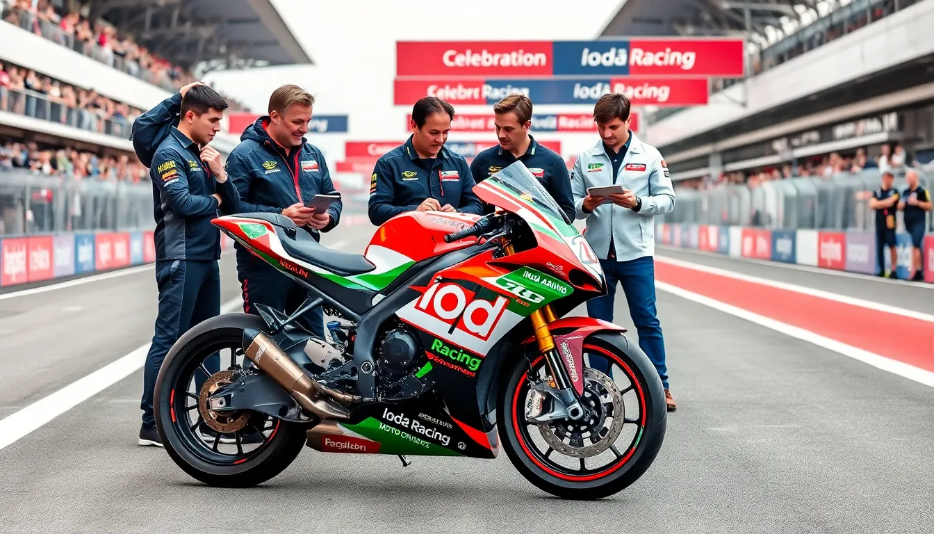 Ioda Racing motorcycle on a racetrack with engineers analyzing data.