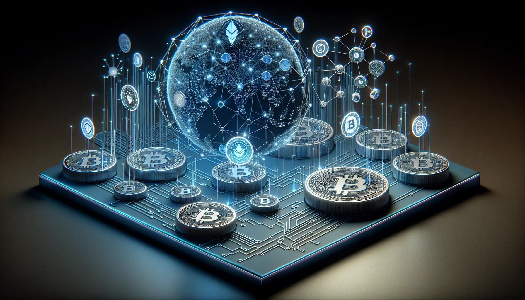 AI and blockchain convergence with cryptocurrency coins and neural network visualization