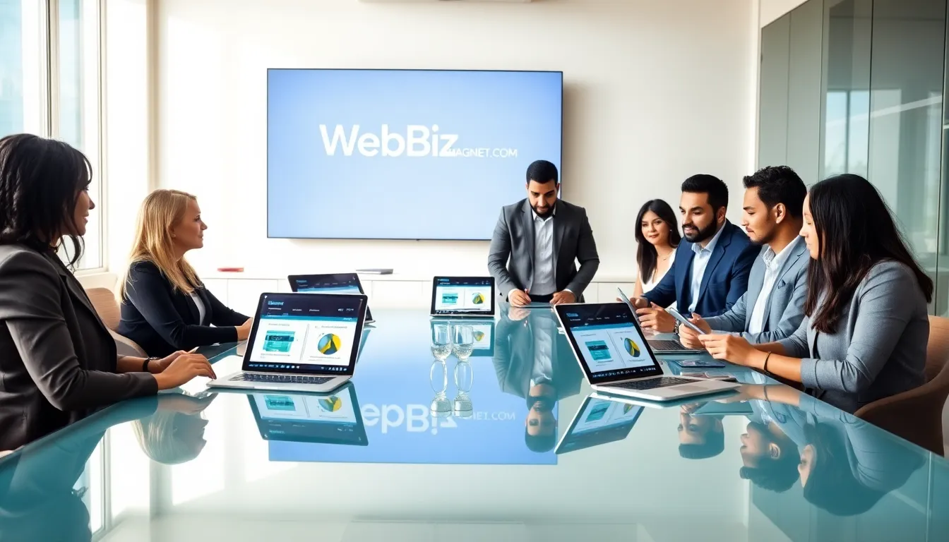diverse professionals discussing online business strategies in a modern office.