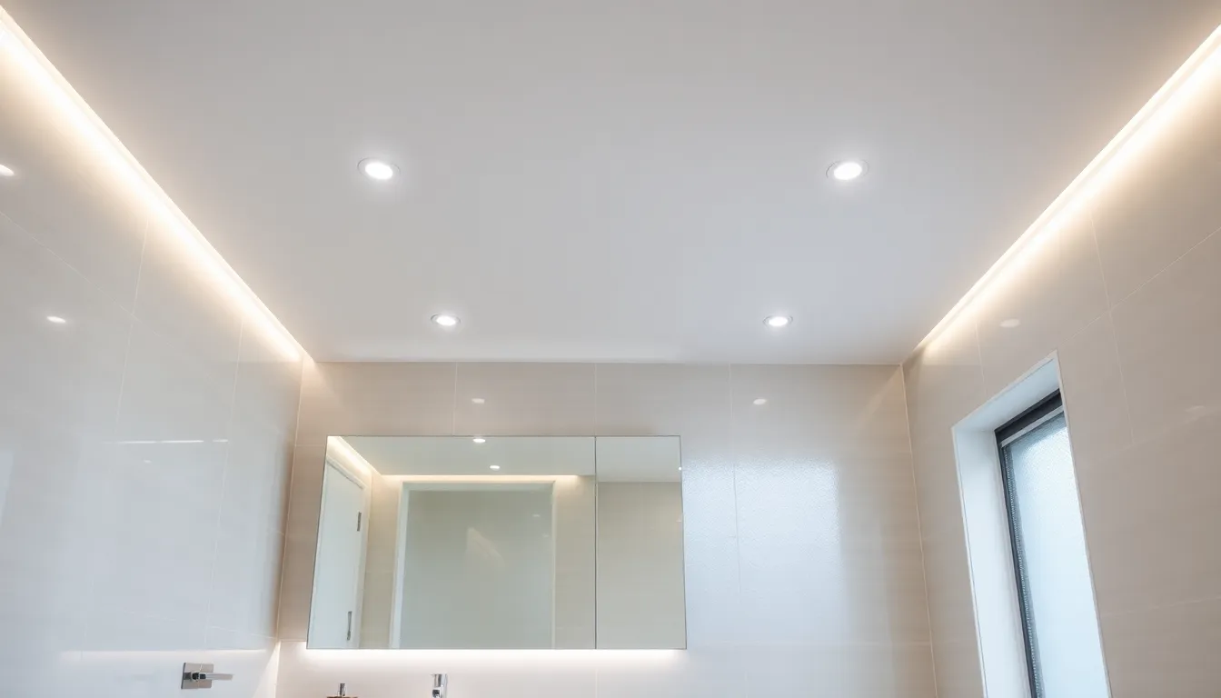 modern bathroom illuminated by recessed lighting fixtures.