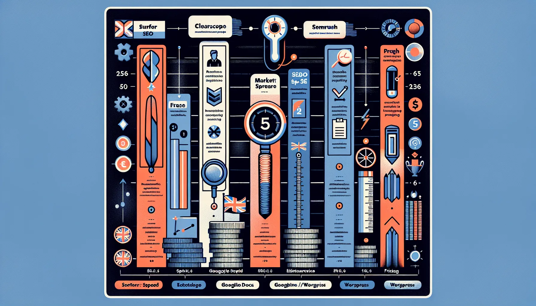 UK‑styled comparison chart of top Surfer SEO alternatives with feature ratings.