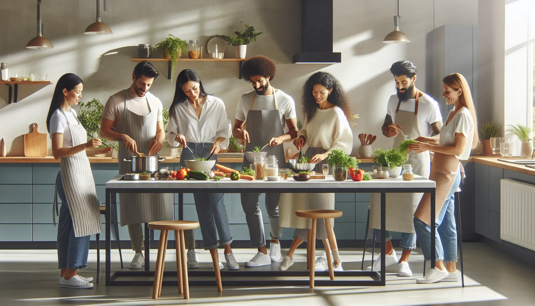 diverse group cooking healthy recipes in a bright kitchen.