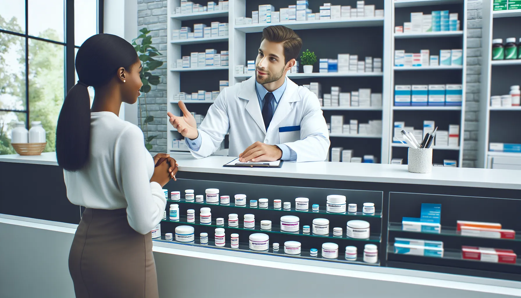A pharmacist explaining medication options in a clean, organized pharmacy setting.