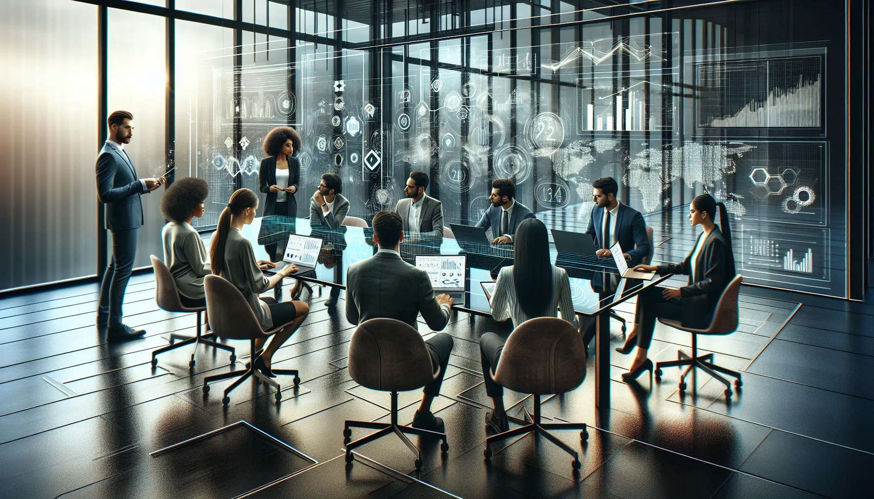 diverse professionals discussing data significance in a modern workspace.