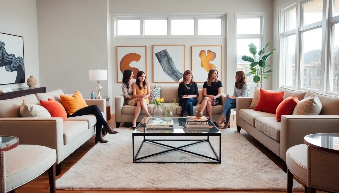 professionals discussing interior design in a stylish living space.