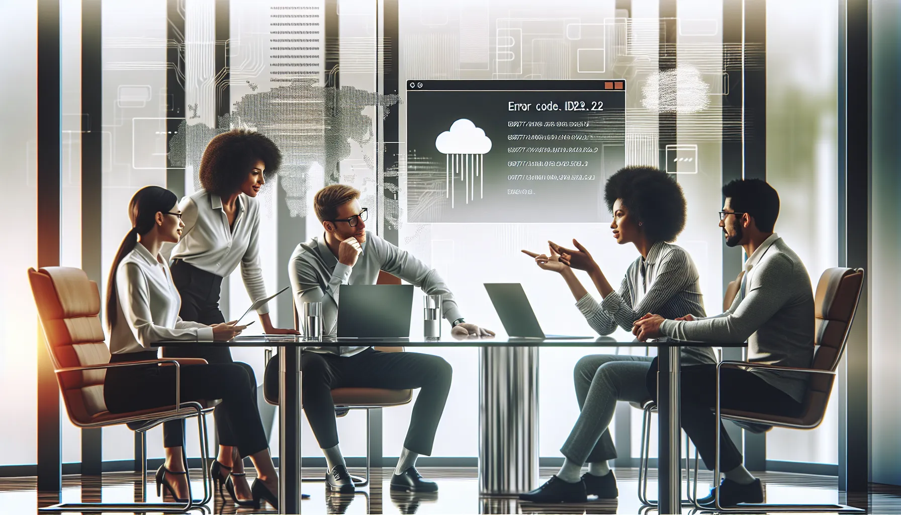 diverse team discussing Dropbox error in a modern office.