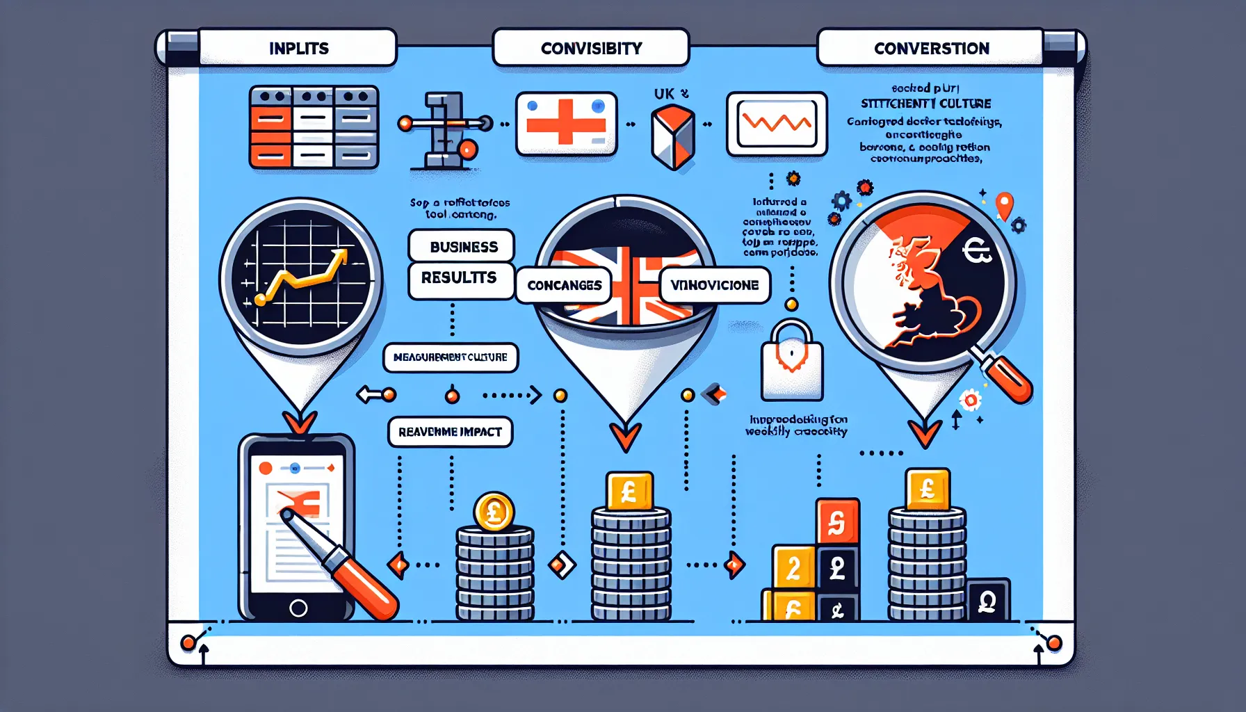 Process graphic linking UK SEO rankings to conversions, KPIs, and weekly cadence.