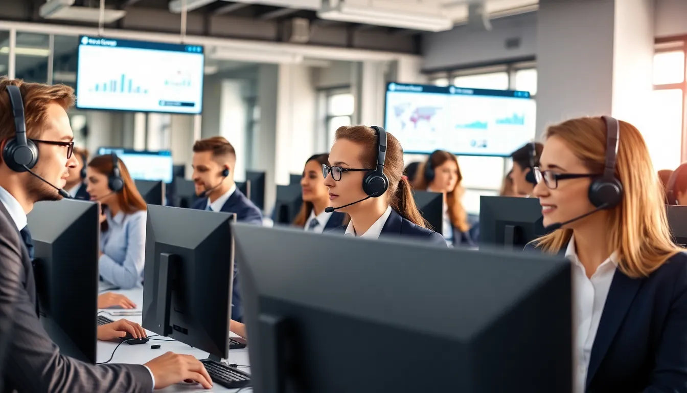 diverse agents using CRM software in a modern call center.