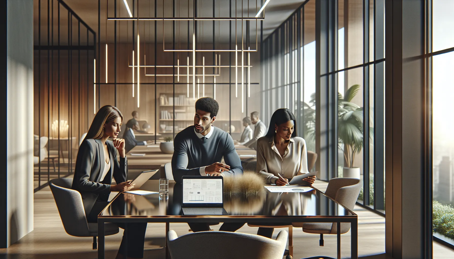diverse professionals discussing contact methods in a modern office.