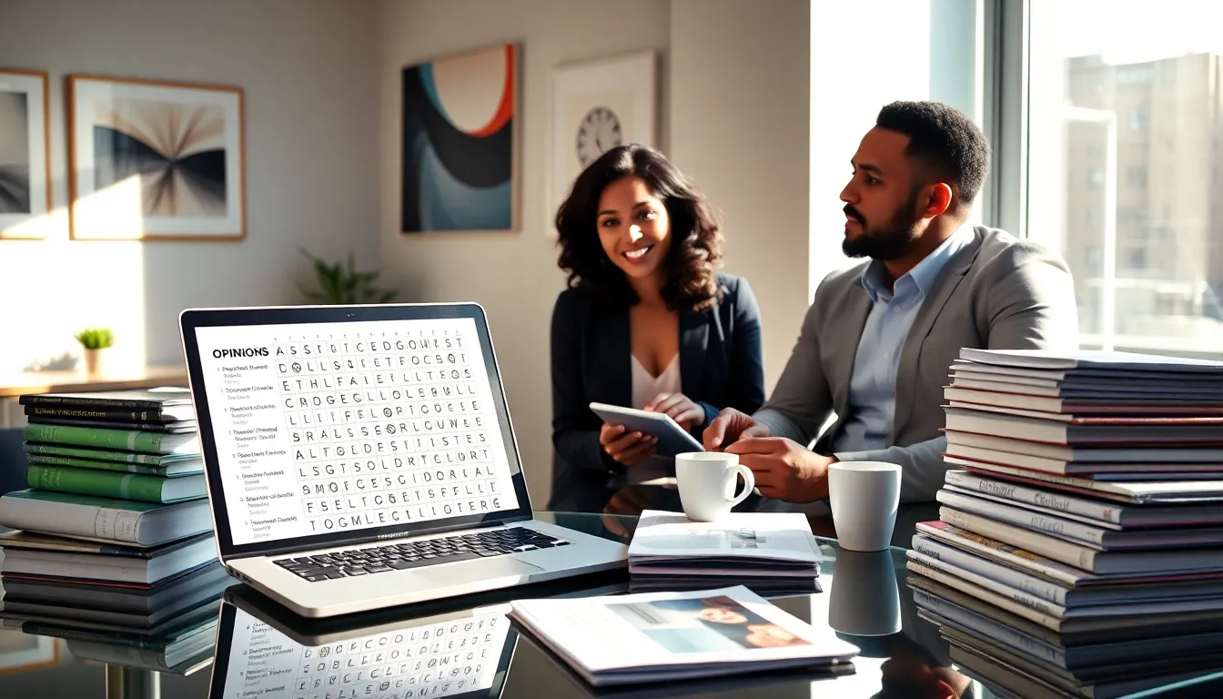 diverse professionals discussing an opinion pieces crossword in a modern office.