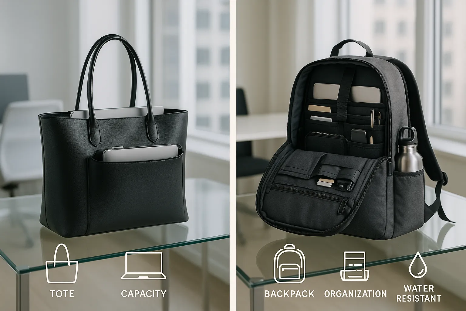 Tote bag and backpack compared in a modern office setting.