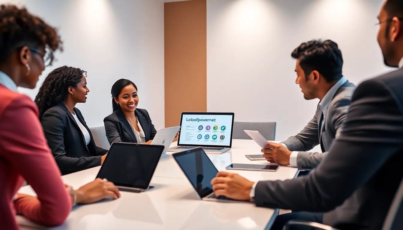 professionals discussing contact information in a modern office.