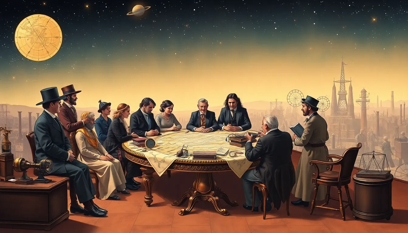 historical predictions of the future featuring diverse individuals discussing technologies.