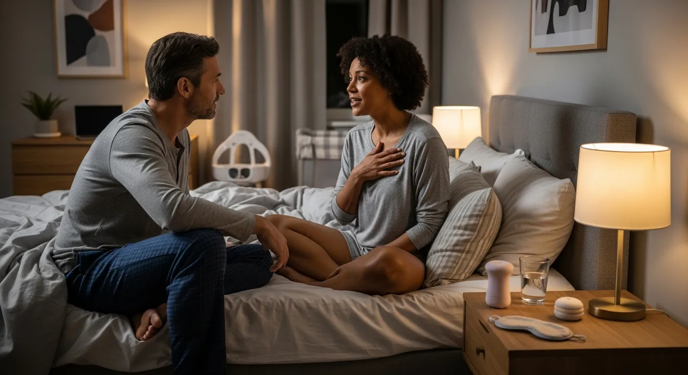 A middle‑aged couple talks intimately on their bed beside a discreet vibrator.