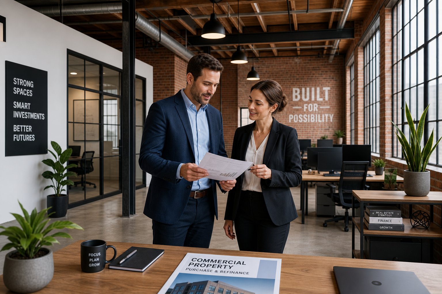 Modern warehouse office interior with professionals discussing commercial property paperwork.