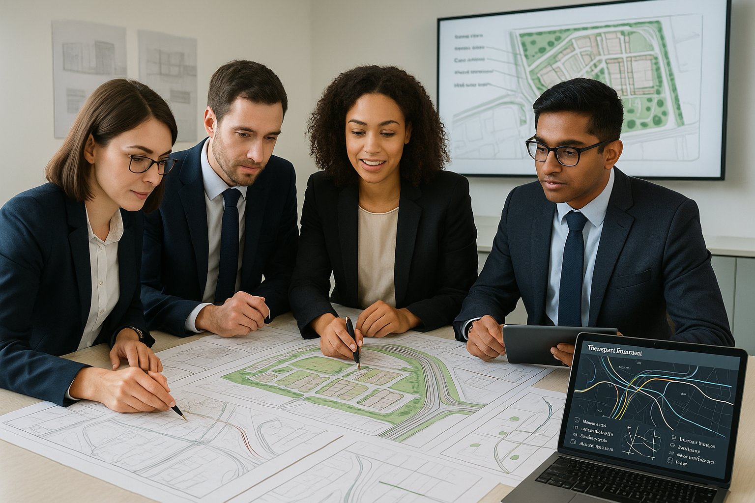 Transport planning consultants reviewing site plans in a modern UK office.