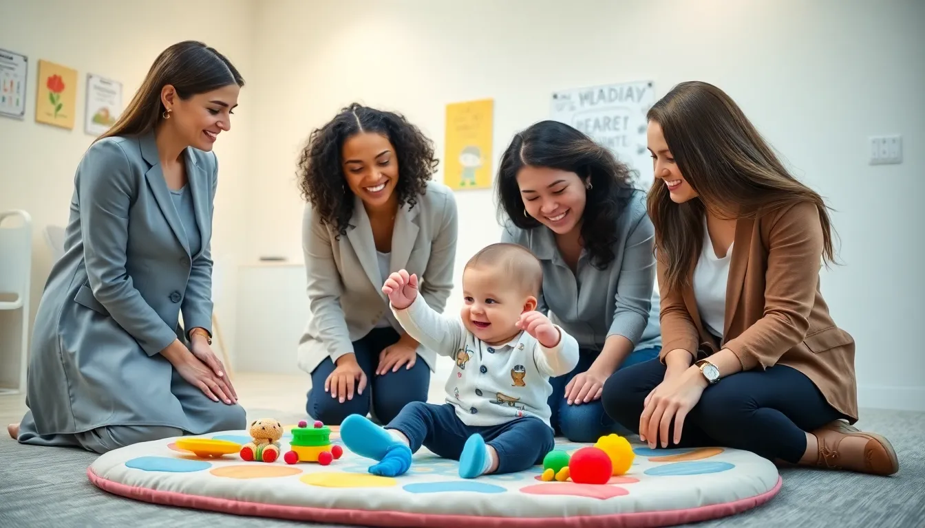 professionals providing support to a special needs baby in a therapy room.