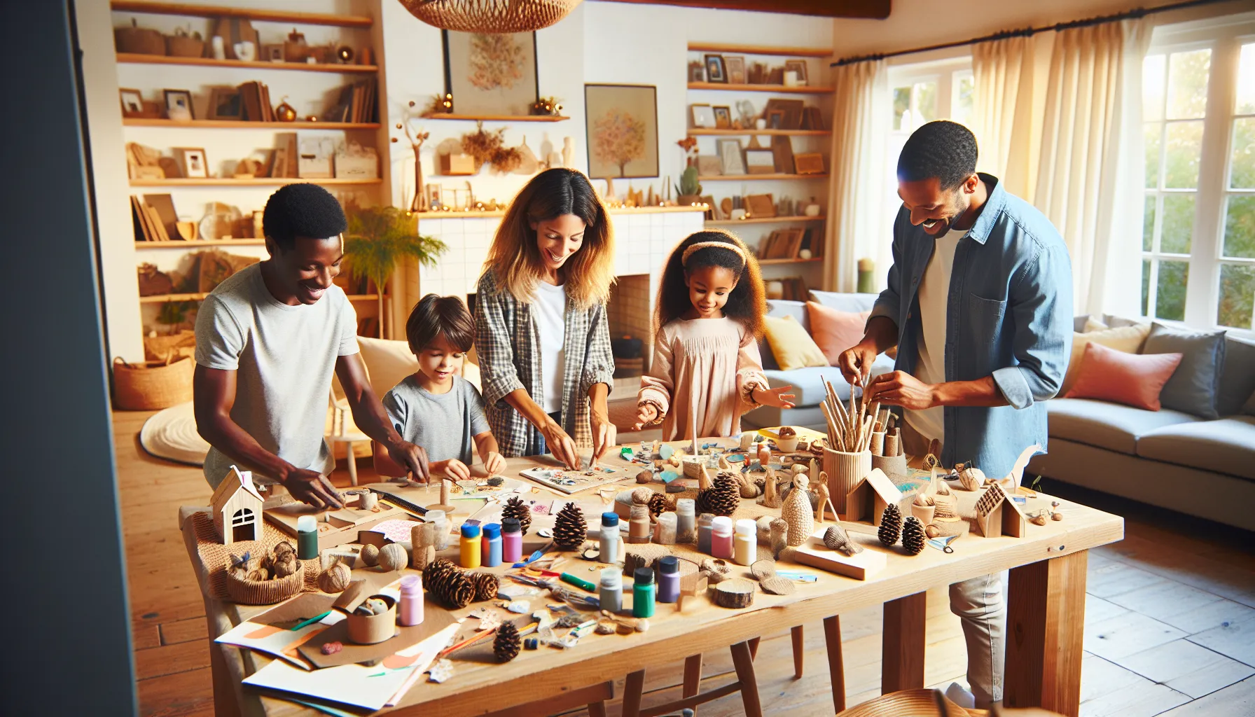 a family enjoying DIY crafts together in a bright living room.