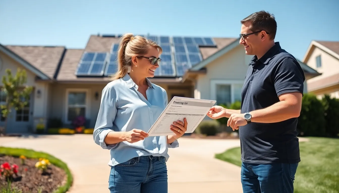 A woman on her driveway discusses solar financing options with a representative.