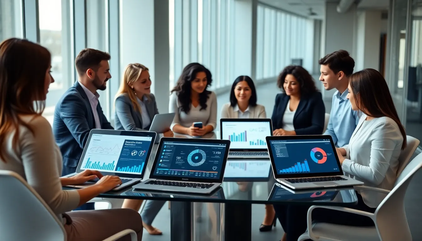 diverse team discussing GMP software in a modern office.