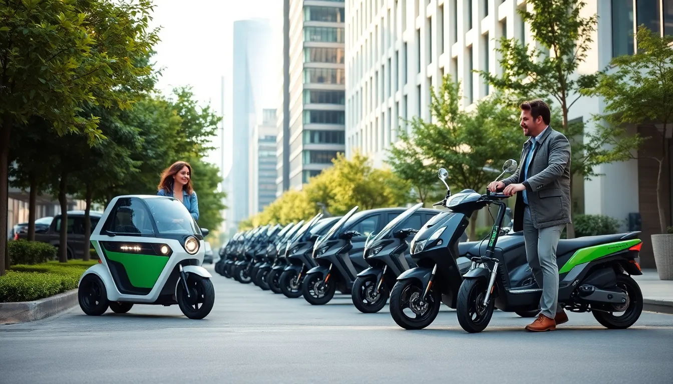 diverse people with electric neighborhood vehicles in an urban setting.