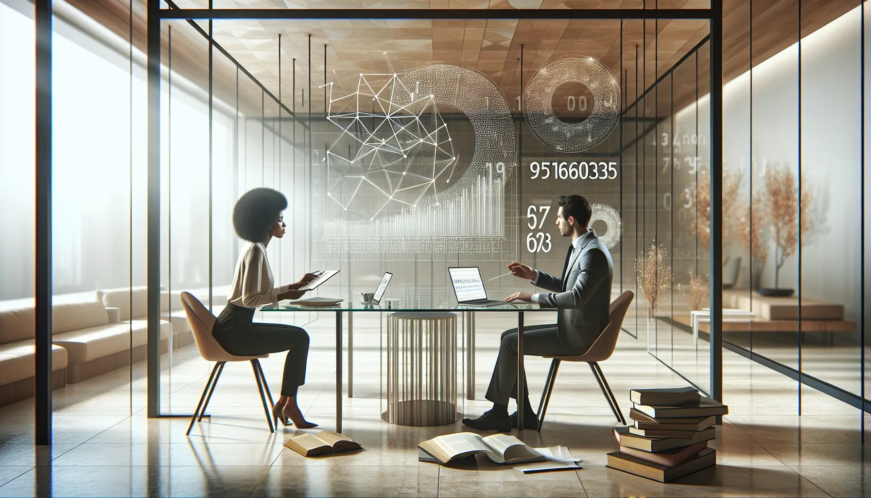 professionals discussing numerology and number meanings in a modern office.