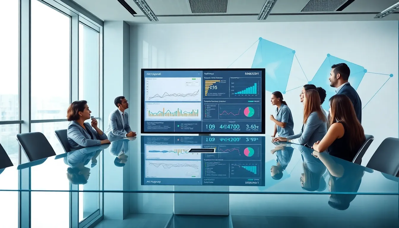 diverse team discussing AI data insights in a modern office.