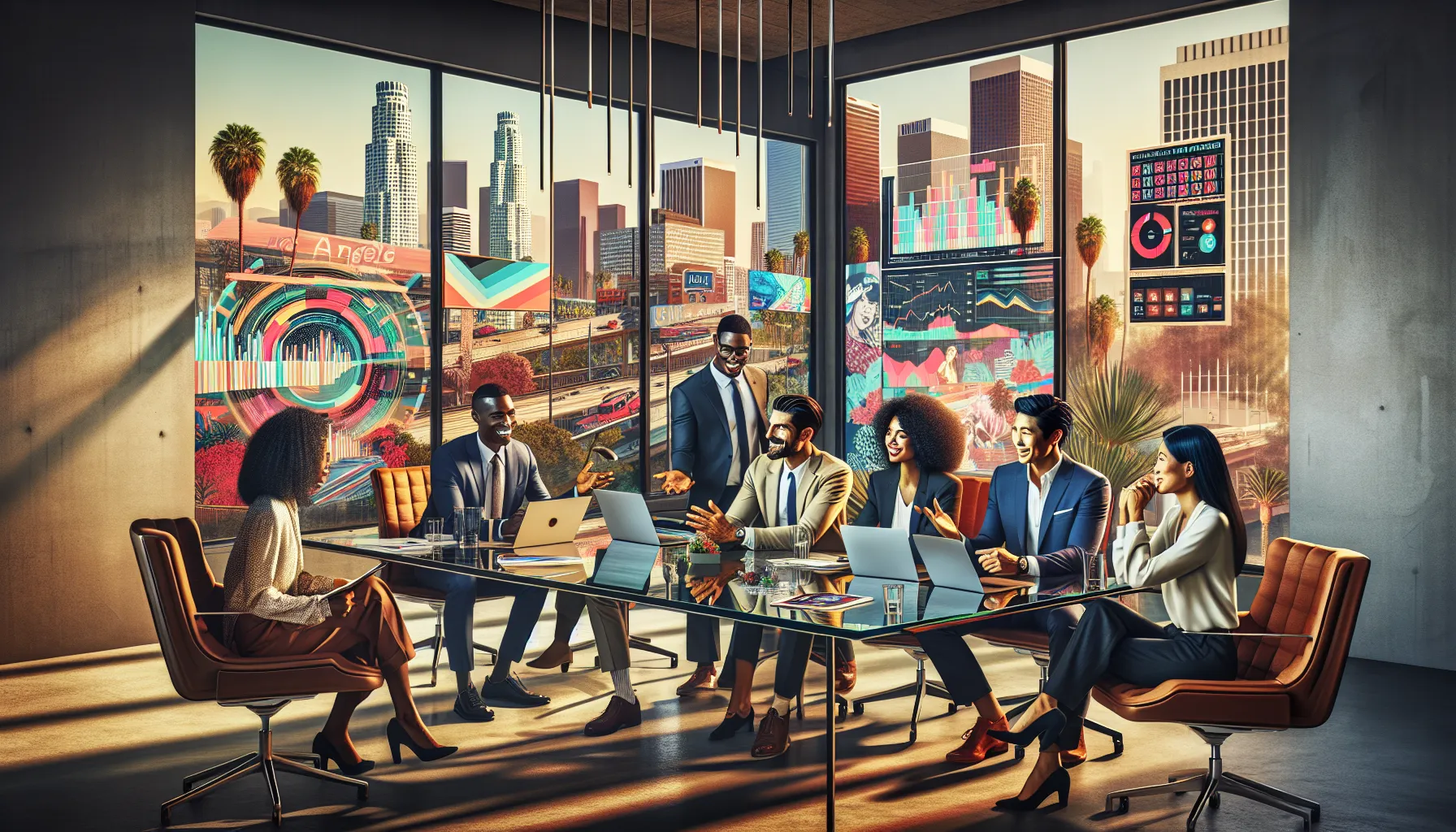 diverse team in a modern Los Angeles office discussing projects.