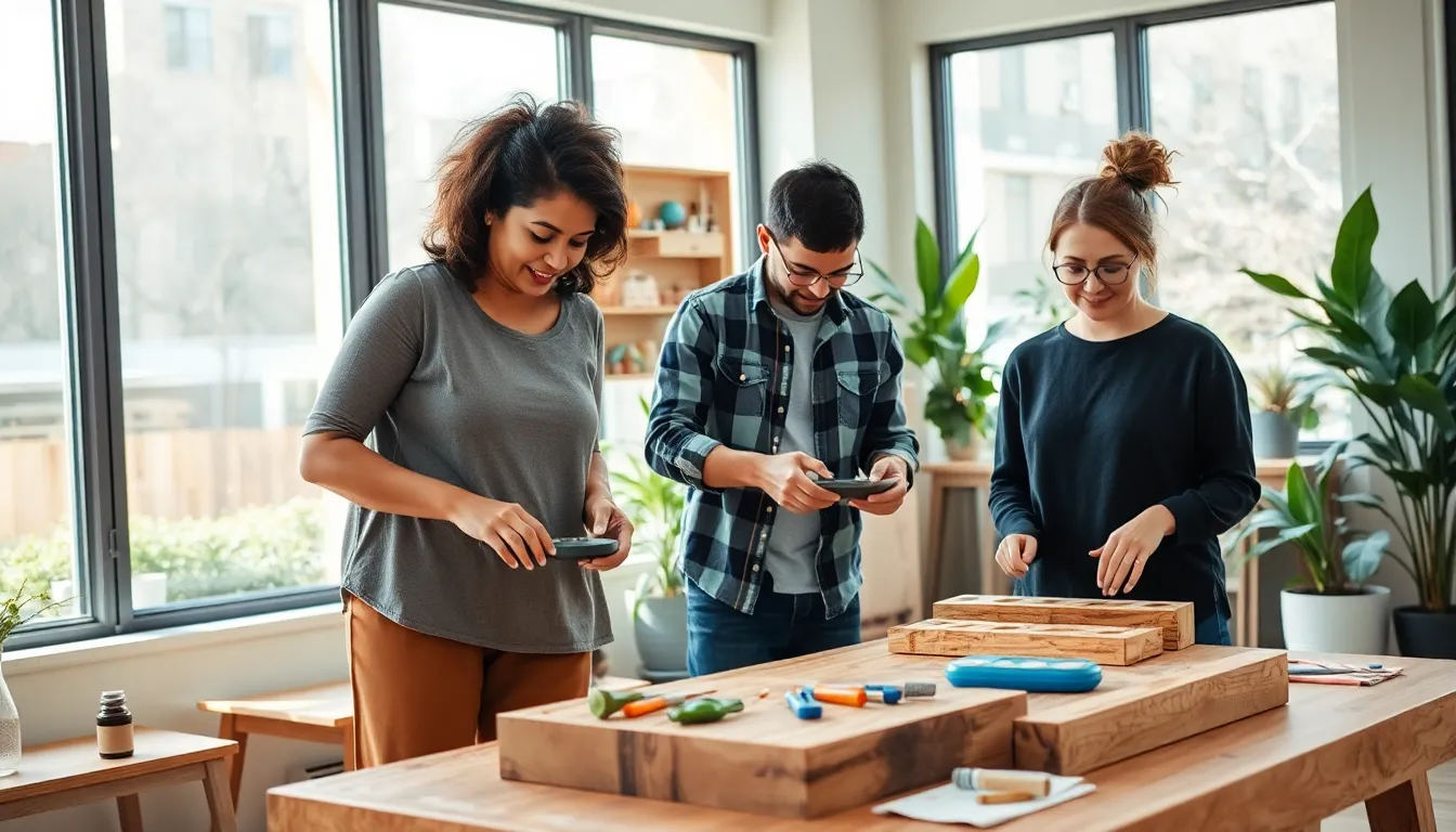 diverse individuals working on creative DIY home projects in a bright workspace.