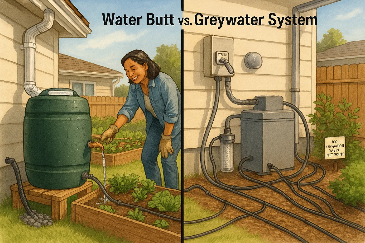 A homeowner uses a water butt while a greywater diverter and treatment unit feed garden irrigation.