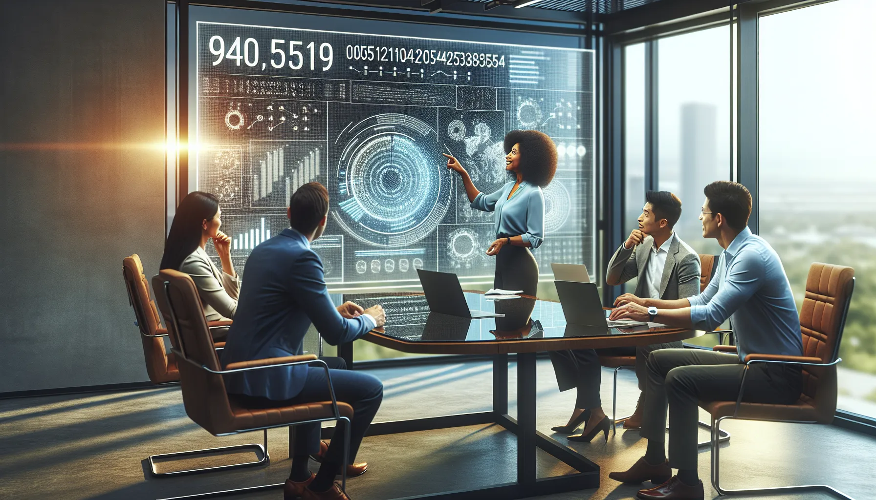 data analysts discussing complex number interpretation in a modern office.