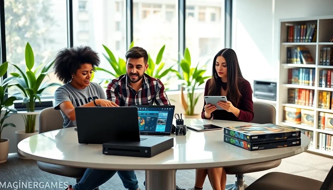 A diverse team collaborating in a modern office for ImagineerGames.