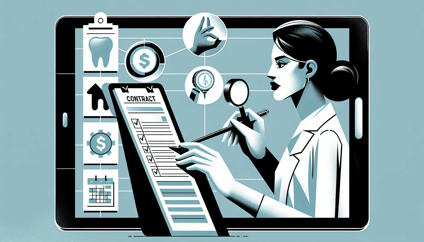 Dental provider holding a ledger with icons showing payroll, audit, schedule, and clawback
