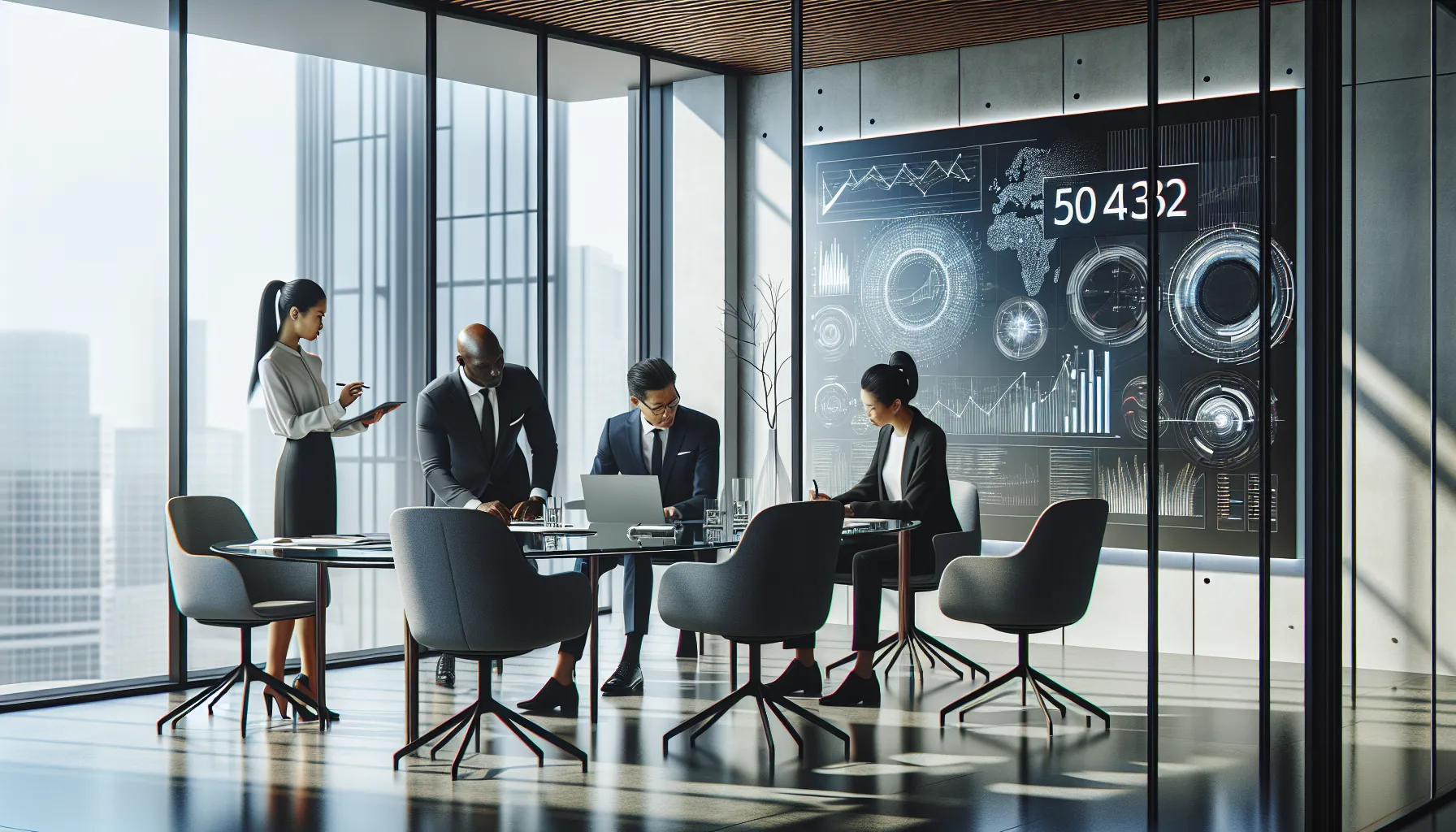 diverse professionals discussing data interpretation in a modern office.