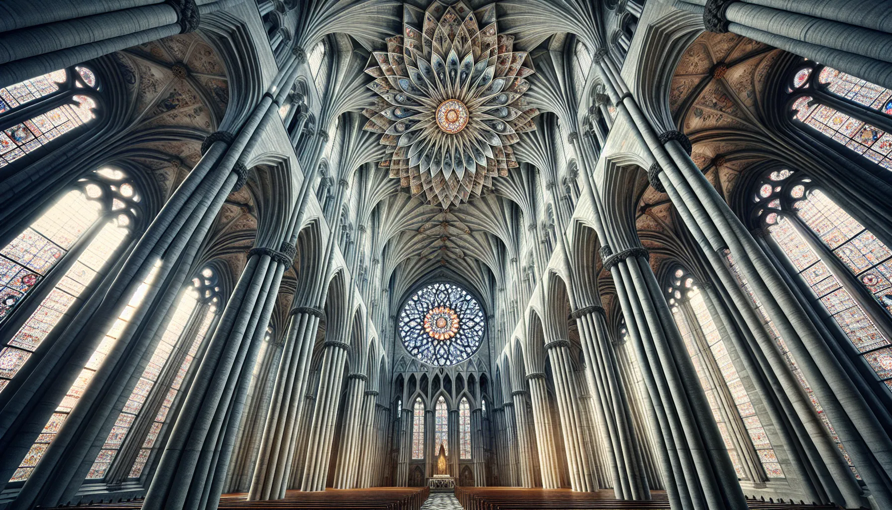 Sunlit gothic rose window casting blue, red, and gold light in norway.