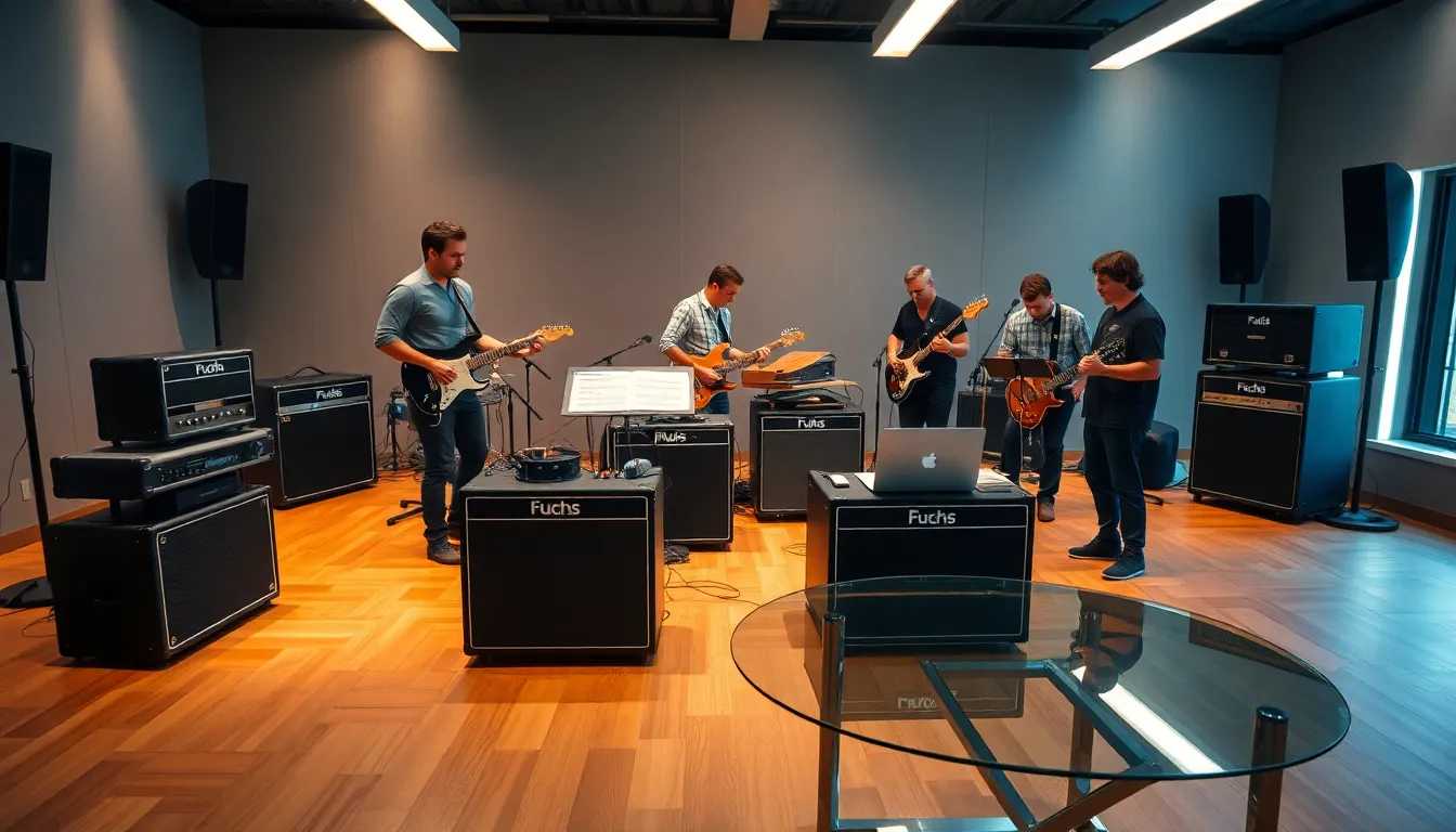 musicians collaborating with Fuchs audio equipment in a modern studio.