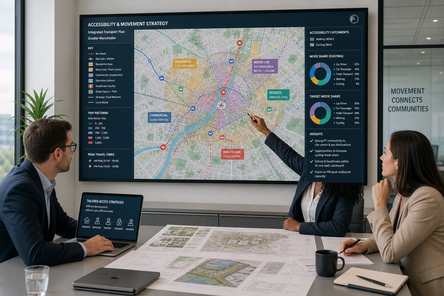 Consultants reviewing UK public transport plans for different development types.