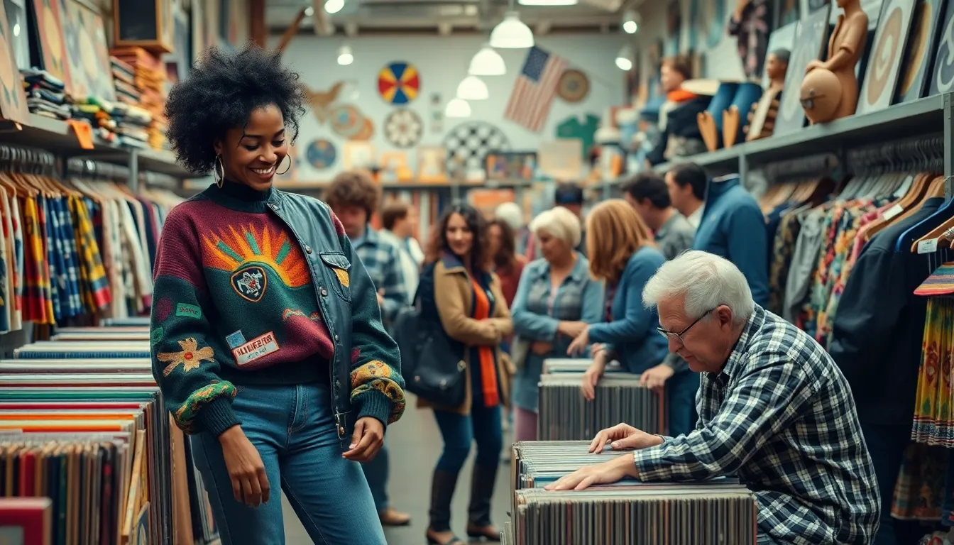 Thrifters exploring a vibrant thrift store filled with vintage items.