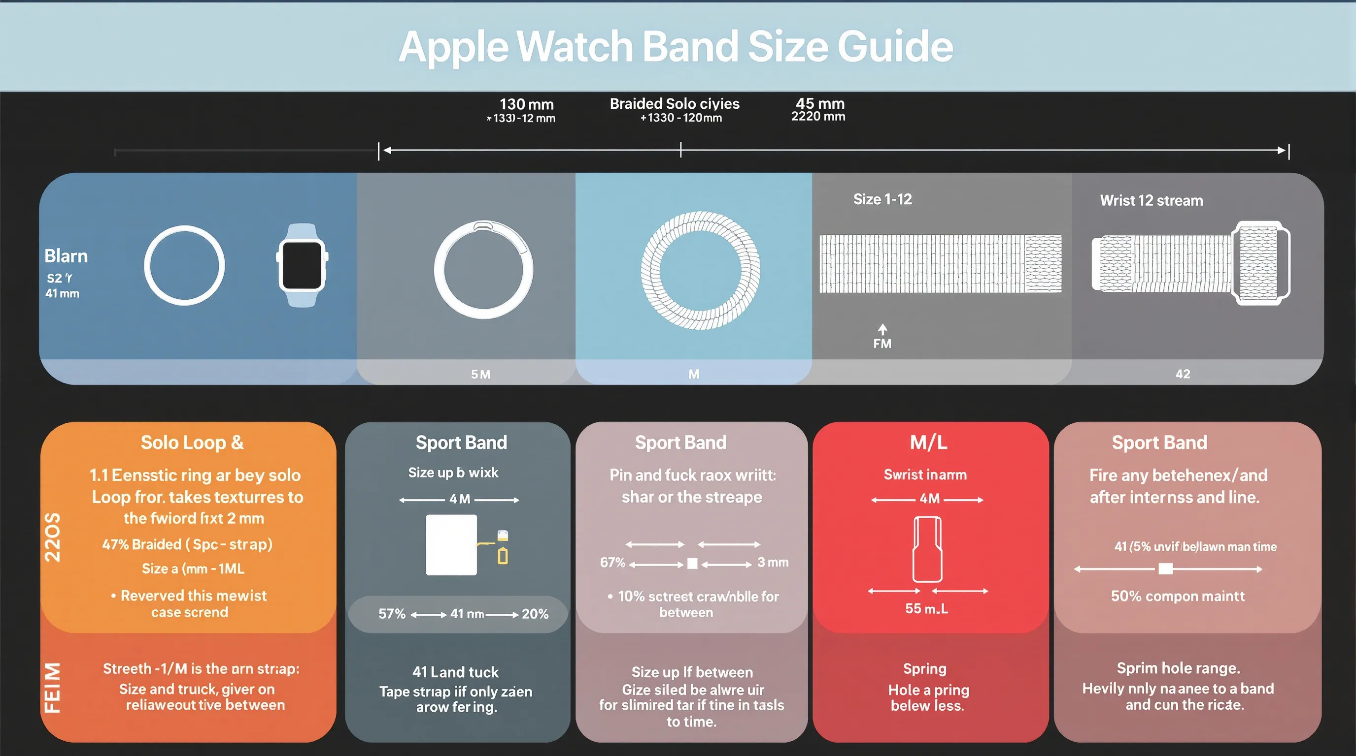 Comparison guide to Apple Watch band sizing by style and wrist range.