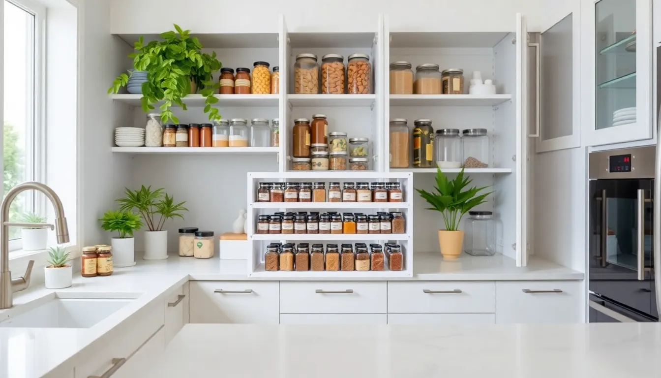 well-organized kitchen with spice rack and tidy pantry.