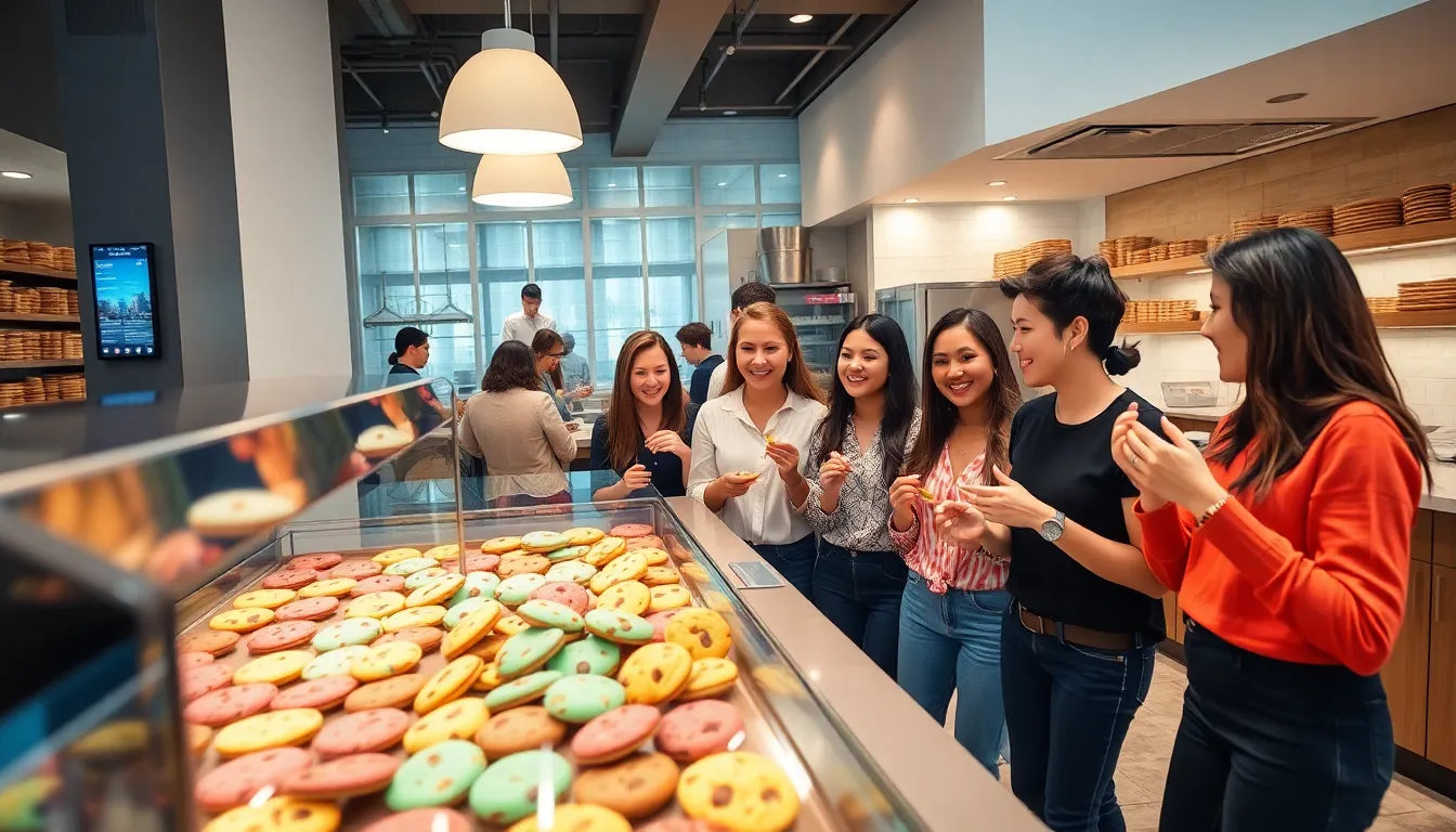 customers enjoying Crumbl Cookies in a modern bakery setting.