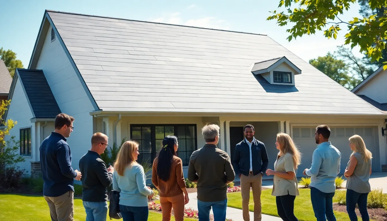 modern home with a stylish vinyl roof and homeowners discussing benefits.