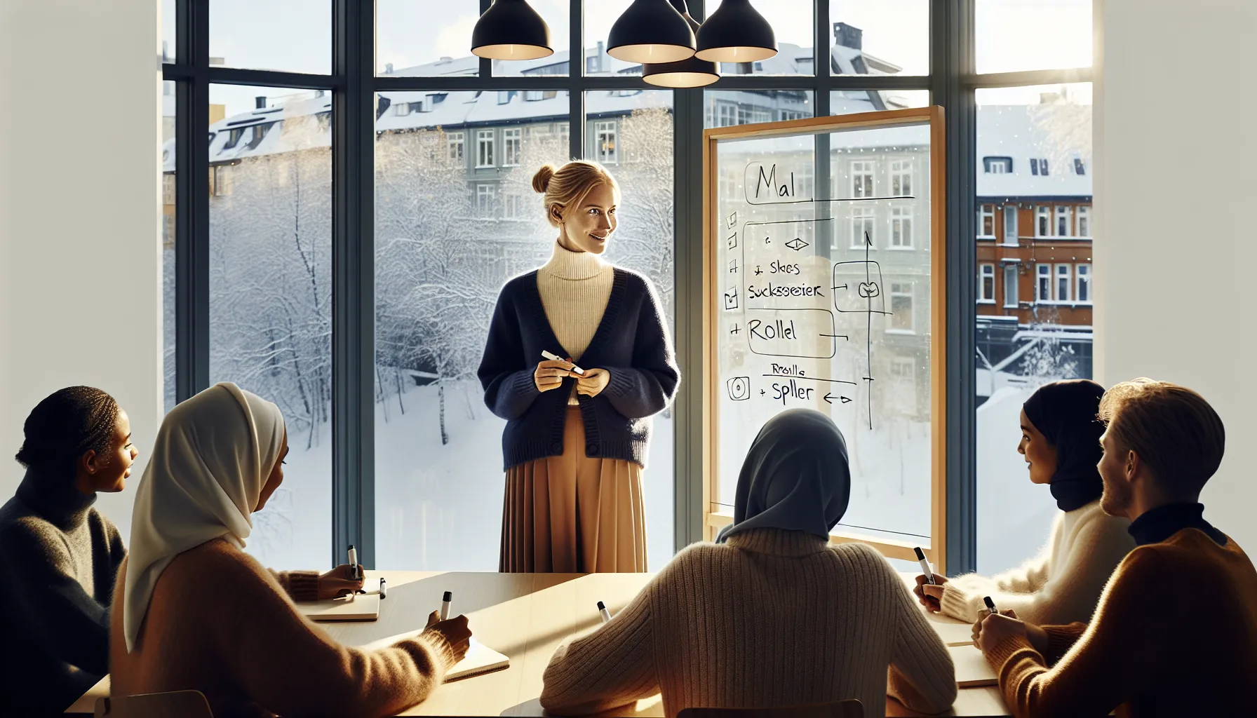 Norwegian team sets goals, roles, and rules on whiteboard to prevent conflicts.