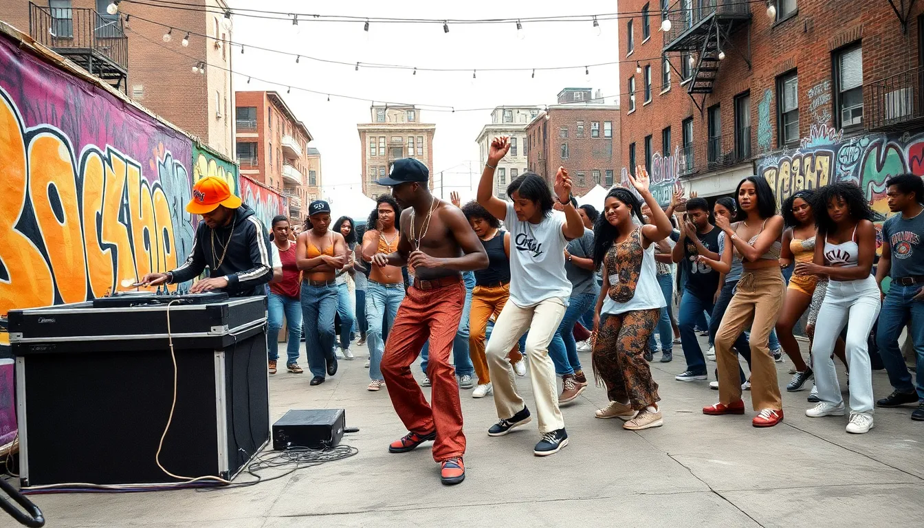 block party scene with diverse dancers celebrating hip-hop culture in the Bronx.