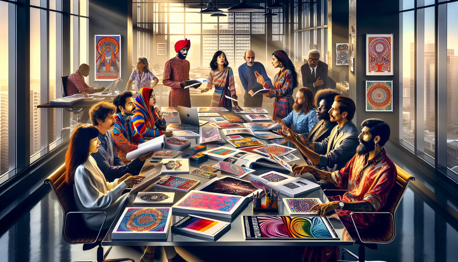 Diverse group collaborating in a modern workspace focused on Tamil print culture.