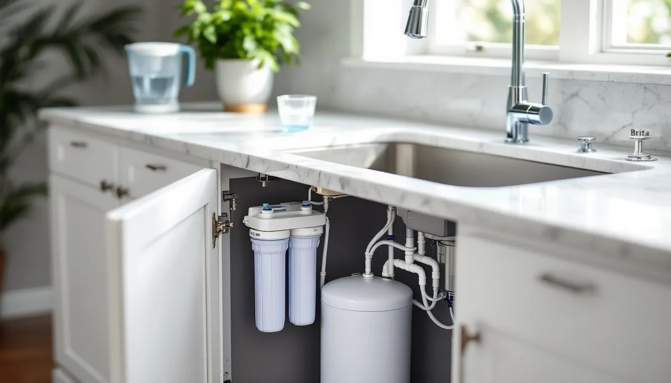 Under-sink reverse osmosis water filtration system in a modern American kitchen.